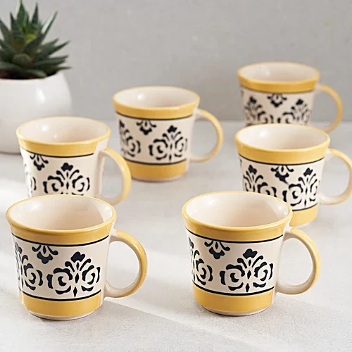 Earth Teacup Set - Handcrafted Ceramic, Bumblebee Yellow, 180 ml (Set of 6)