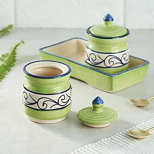Earth Storage Jar - For Pickle, Sugar, Spices, Handcrafted Ceramic, Classic Green, 150 ml (Set of 2) - Image 2