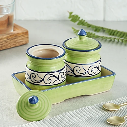 Earth Storage Jar - For Pickle, Sugar, Spices, Handcrafted Ceramic, Classic Green, 150 ml (Set of 2) - Image 3