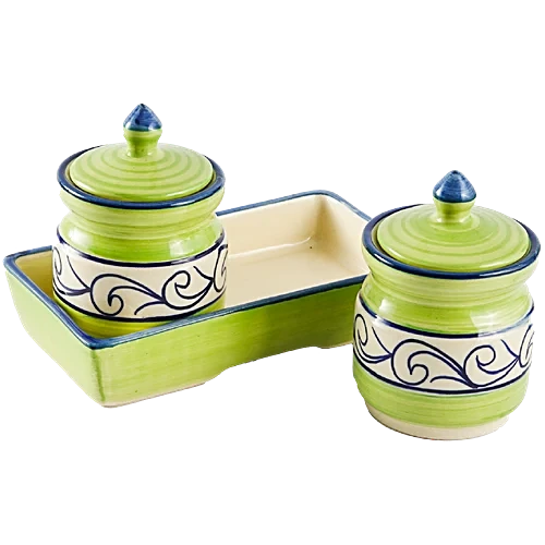 Earth Storage Jar - For Pickle, Sugar, Spices, Handcrafted Ceramic, Classic Green, 150 ml (Set of 2) - Image 4