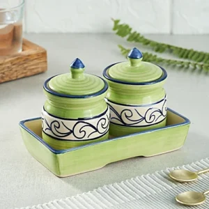 Earth Storage Jar - For Pickle, Sugar, Spices, Handcrafted Ceramic, Classic Green, 150 ml (Set of 2)