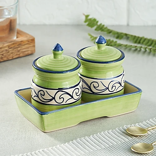 Earth Storage Jar - For Pickle, Sugar, Spices, Handcrafted Ceramic, Classic Green, 150 ml (Set of 2)