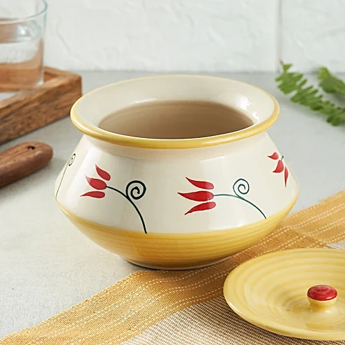 Earth Storage Jar/Handi With Lid For Pickle/Spices - Handcrafted, Classic Floral Red Yellow, 850 ml - Image 2