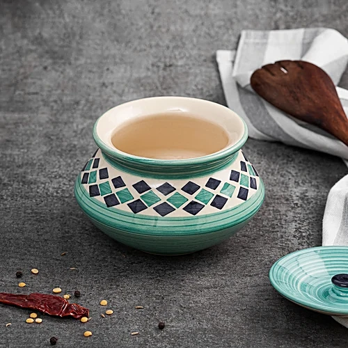 Earth Storage/Serving Ceramic Handi Jar With Lid - Handcrafted, Diamond Blue, 700 ml - Image 2