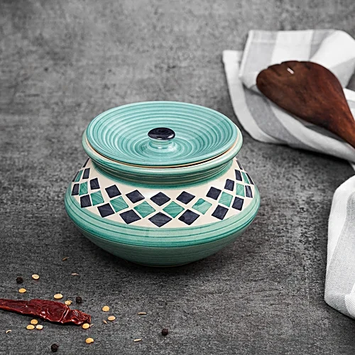 Earth Storage/Serving Ceramic Handi Jar With Lid - Handcrafted, Diamond Blue, 700 ml