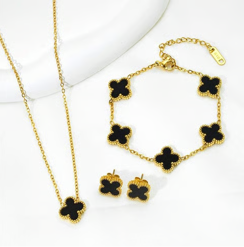 Designs & You Clover Shaped Solitaire Contemporary Necklace Set (Black) - Image 5