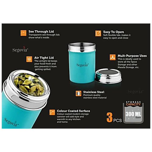 Segovia Stainless Steel Top See Through Spice/Masala Jar - Teal, Airtight, 300 ml (Set of 3) - Image 6
