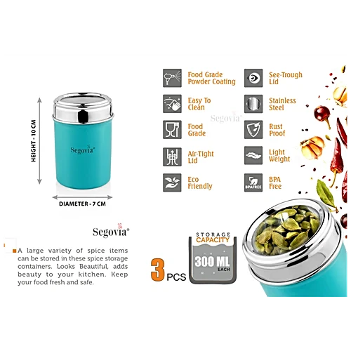 Segovia Stainless Steel Top See Through Spice/Masala Jar - Teal, Airtight, 300 ml (Set of 3) - Image 7