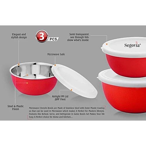 Segovia Stainless Steel Microwave Safe Bowl Set With Lid - Mixing Bowl, Storage Bowl, 3 pcs (800 ml, 1 L, 1.3 L) - Image 2