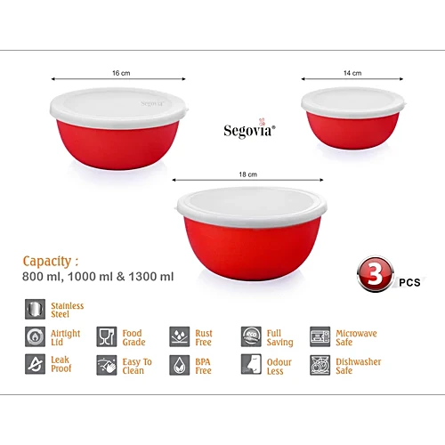 Segovia Stainless Steel Microwave Safe Bowl Set With Lid - Mixing Bowl, Storage Bowl, 3 pcs (800 ml, 1 L, 1.3 L) - Image 3