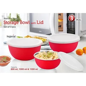 Segovia Stainless Steel Microwave Safe Bowl Set With Lid - Mixing Bowl, Storage Bowl, 3 pcs (800 ml, 1 L, 1.3 L)