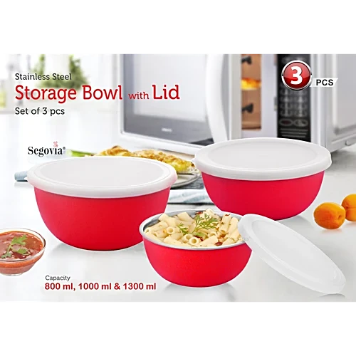 Segovia Stainless Steel Microwave Safe Bowl Set With Lid - Mixing Bowl, Storage Bowl, 3 pcs (800 ml, 1 L, 1.3 L)