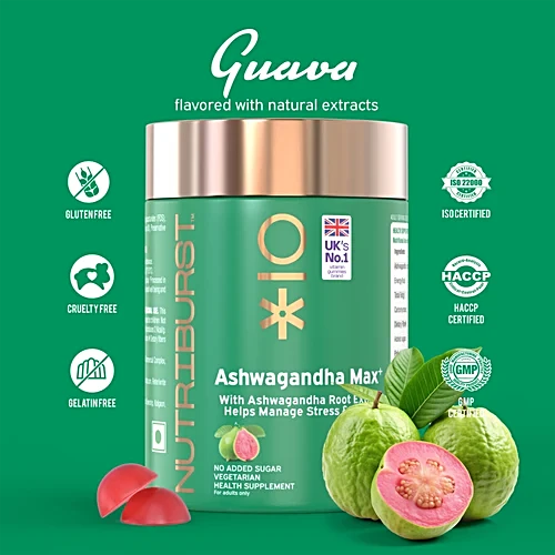 Nutriburst Guava Flavoured Ashwagandha Max Gummies, 30 pcs